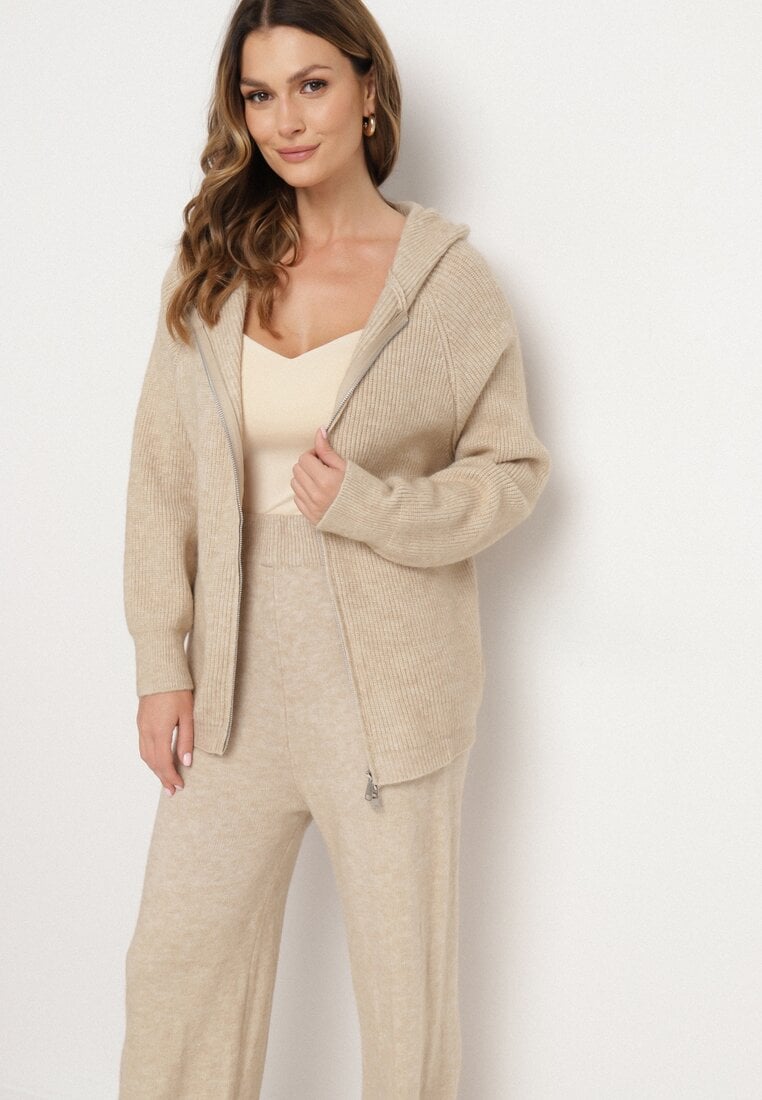 Beżowy Komplet z Wełną i Bawełną Szerokie Spodnie i Rozpinana Bluzka z Kapturem Reikania