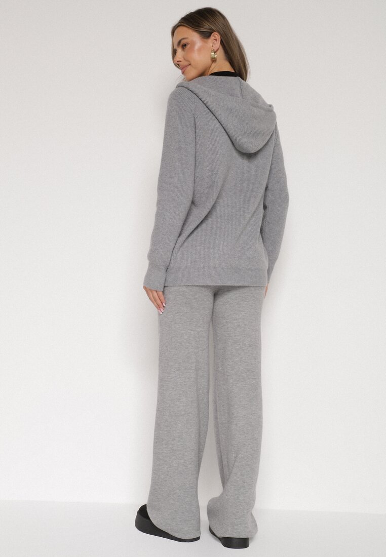 Ciemnoszary Komplet z Wełną i Bawełną Szerokie Spodnie i Rozpinana Bluzka z Kapturem Reikania
