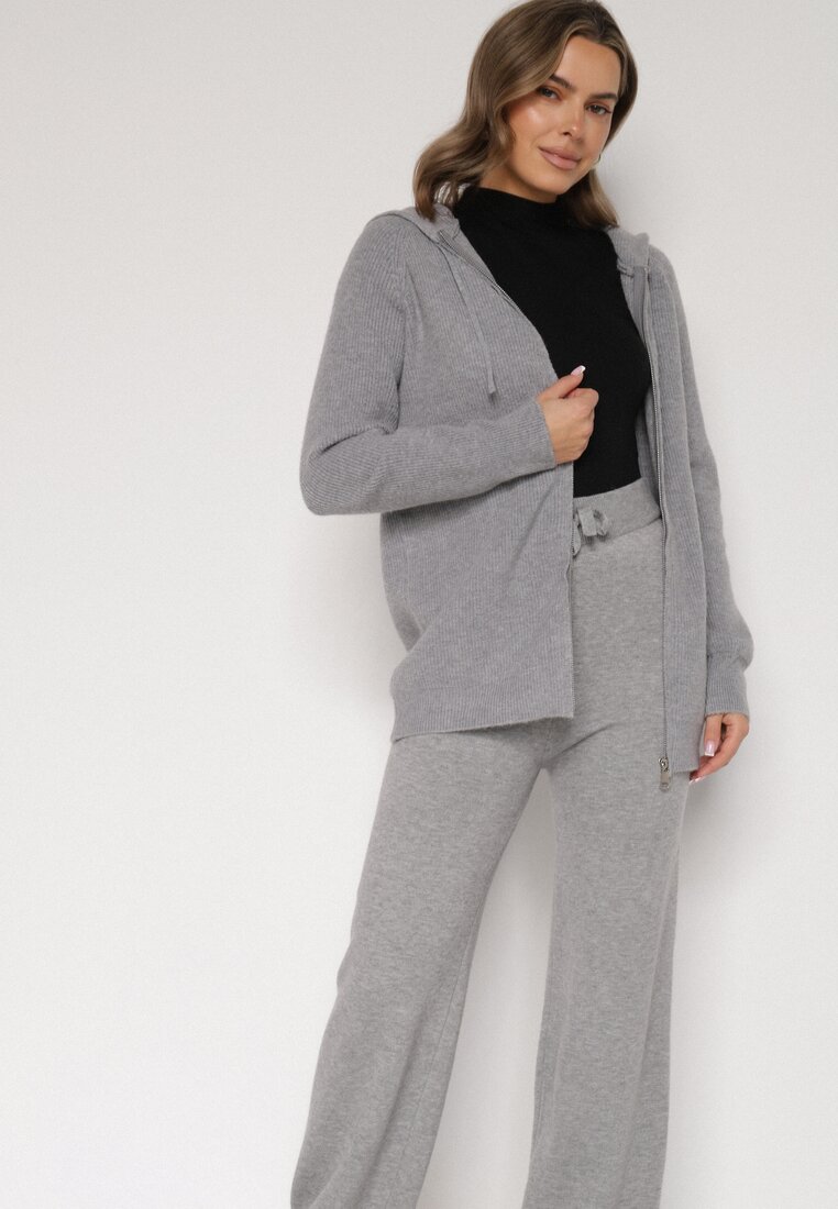 Ciemnoszary Komplet z Wełną i Bawełną Szerokie Spodnie i Rozpinana Bluzka z Kapturem Reikania