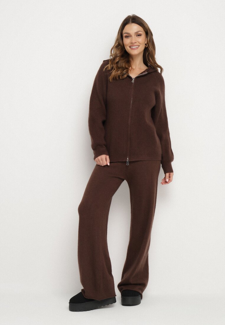 Brązowy Komplet z Wełną i Bawełną Szerokie Spodnie i Rozpinana Bluzka z Kapturem Reikania