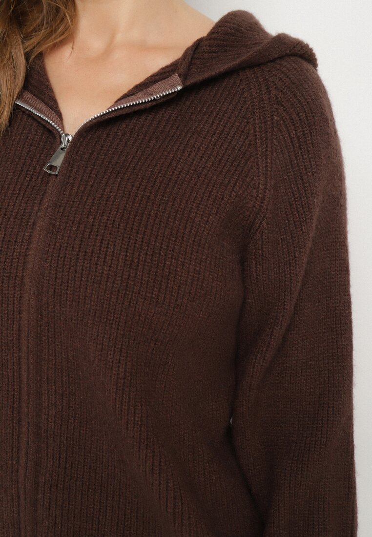 Brązowy Komplet z Wełną i Bawełną Szerokie Spodnie i Rozpinana Bluzka z Kapturem Reikania