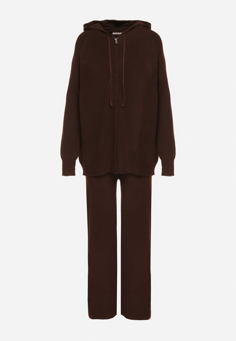Brązowy Komplet z Wełną i Bawełną Szerokie Spodnie i Rozpinana Bluzka z Kapturem Reikania