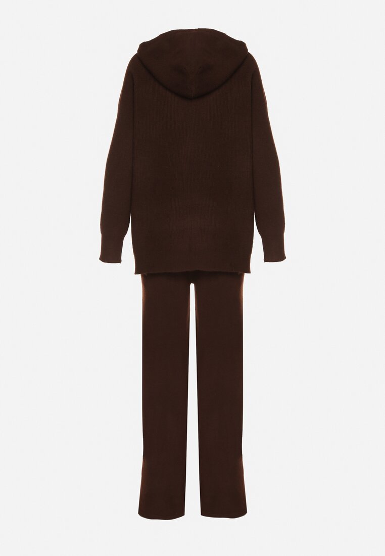 Brązowy Komplet z Wełną i Bawełną Szerokie Spodnie i Rozpinana Bluzka z Kapturem Reikania