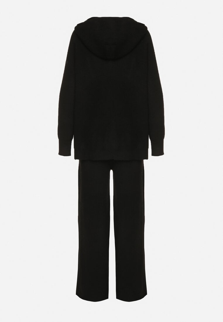 Czarny Komplet z Wełną i Bawełną Szerokie Spodnie i Rozpinana Bluzka z Kapturem Reikania