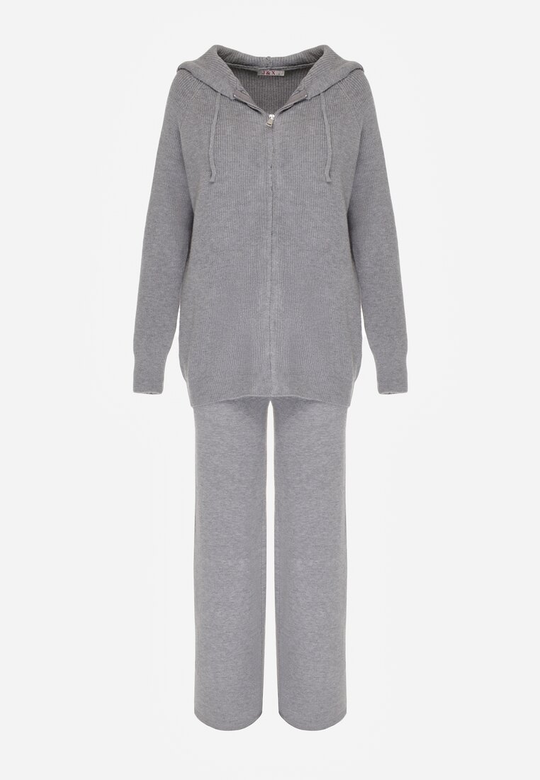 Ciemnoszary Dzianinowy Komplet z Wełną Bluza na Suwak z Kapturem i Spodnie Sewnira