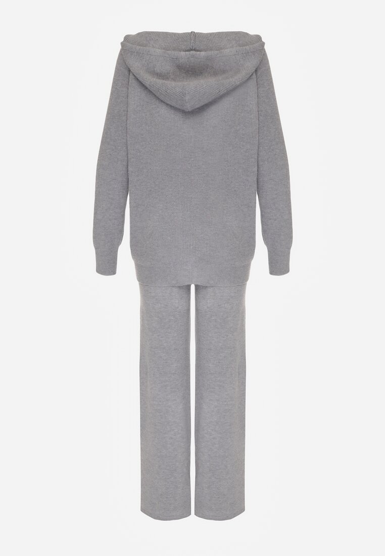 Ciemnoszary Dzianinowy Komplet z Wełną Bluza na Suwak z Kapturem i Spodnie Sewnira