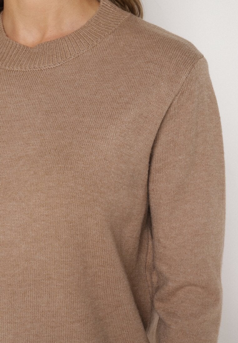 Ciemnobeżowy Casualowy Sweter z Wełną i Bawełną Nedalla