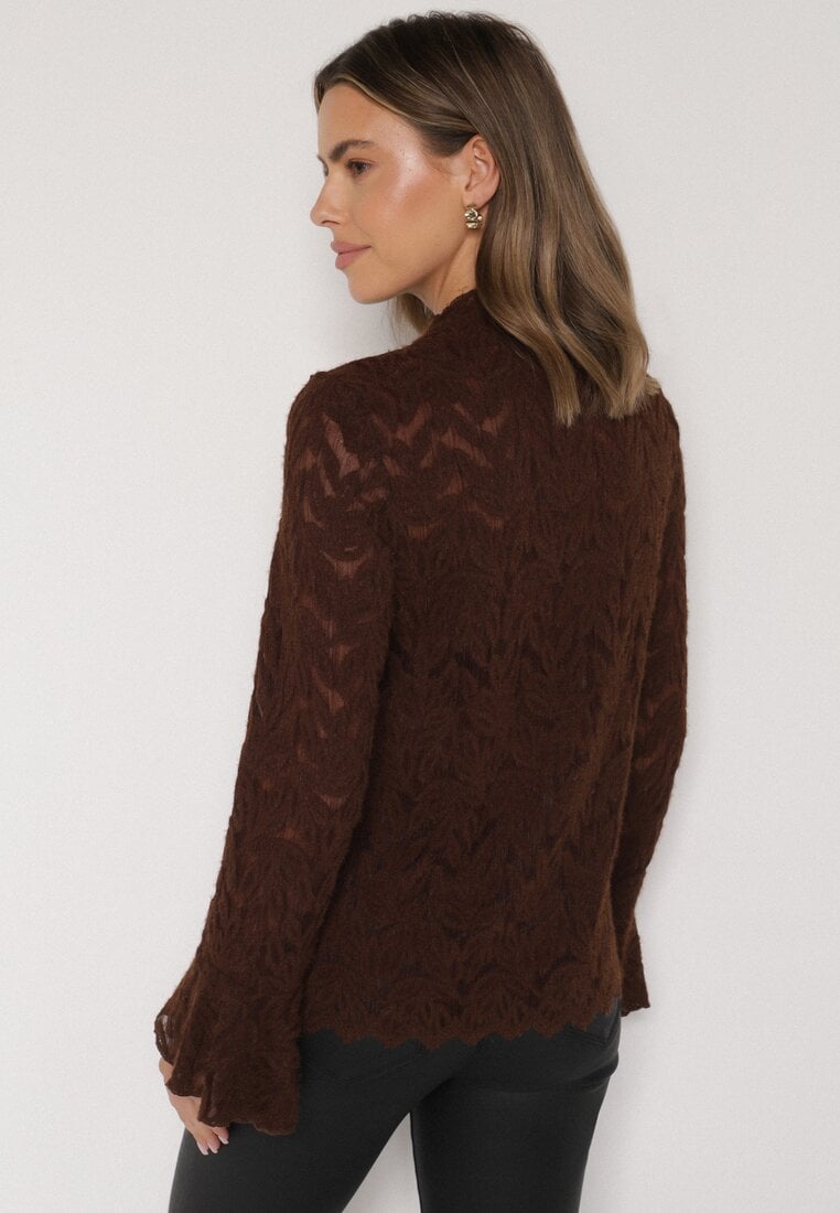Brązowa Koronkowa Bluzka ze Stójką i Rozszerzanymi Rękawami Nefina