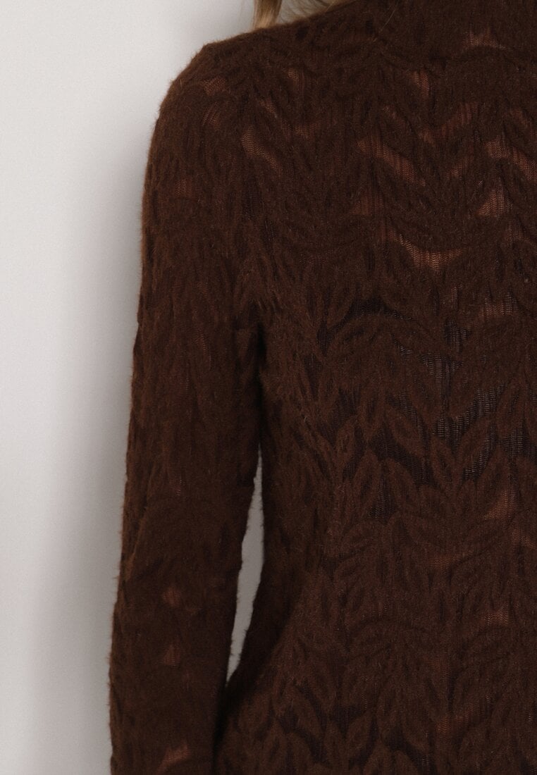 Brązowa Koronkowa Bluzka ze Stójką i Rozszerzanymi Rękawami Nefina