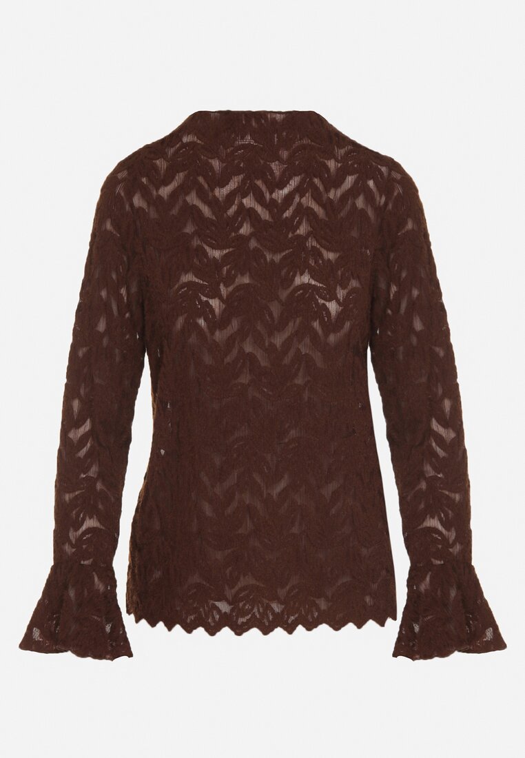 Brązowa Koronkowa Bluzka ze Stójką i Rozszerzanymi Rękawami Nefina