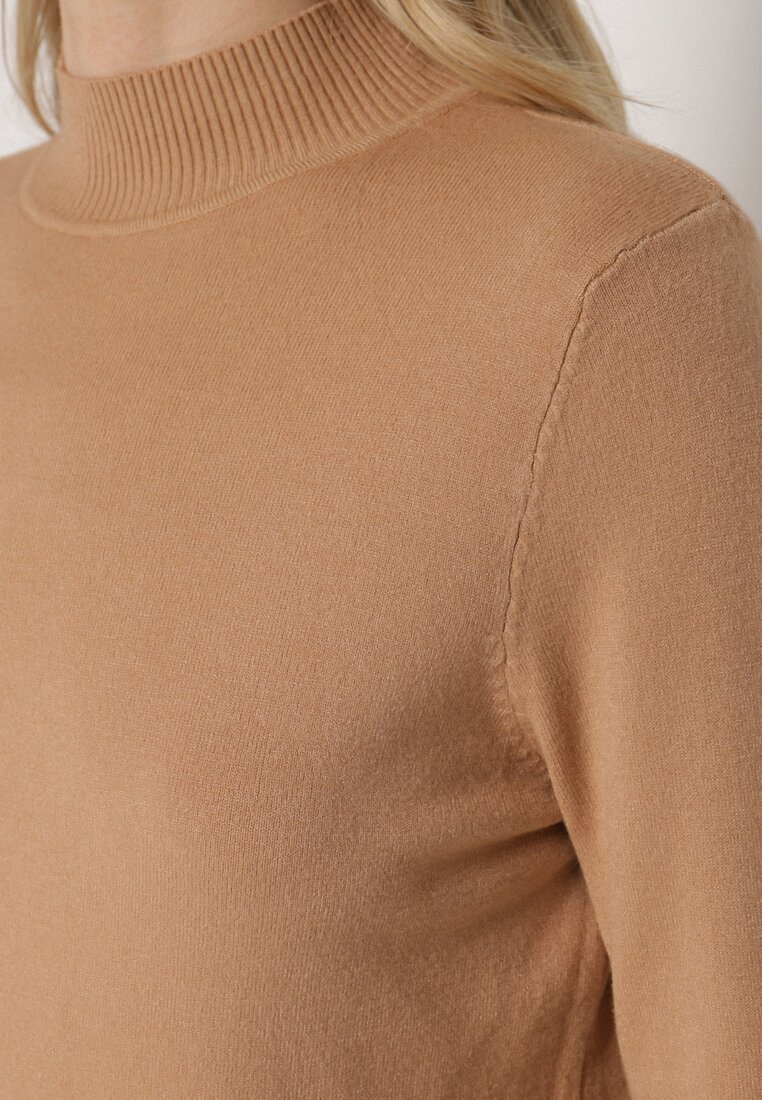 Ciemnobeżowy Gładki Sweter z Półgolfem w Stylu Casual Unallia