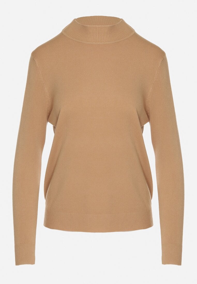 Ciemnobeżowy Gładki Sweter z Półgolfem w Stylu Casual Unallia