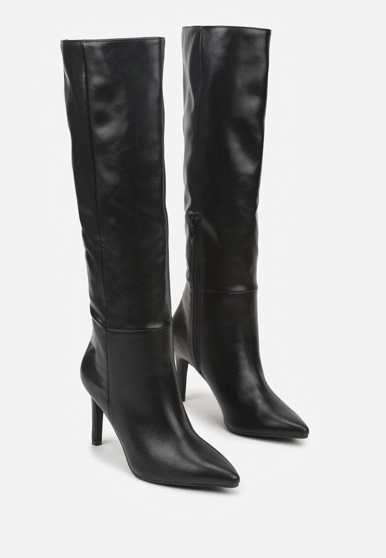 Czarne Kozaki na Szpilce z Marszczoną Cholewką Monarella