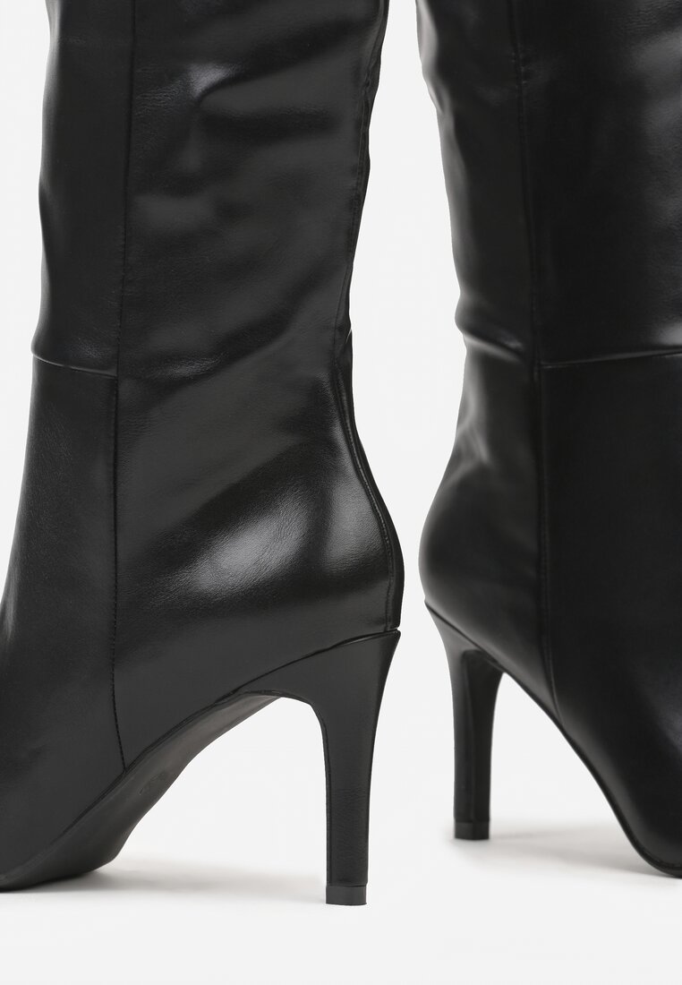 Czarne Kozaki na Szpilce z Marszczoną Cholewką Monarella