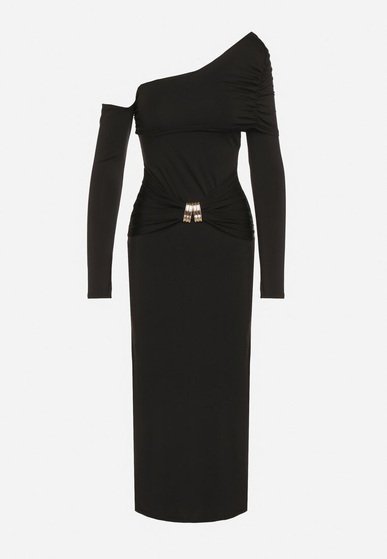 Czarna Sukienka z Wiskozą Wywiniętym Dekoltem Marszczeniem i Metaliczną Ozdobą Reillea