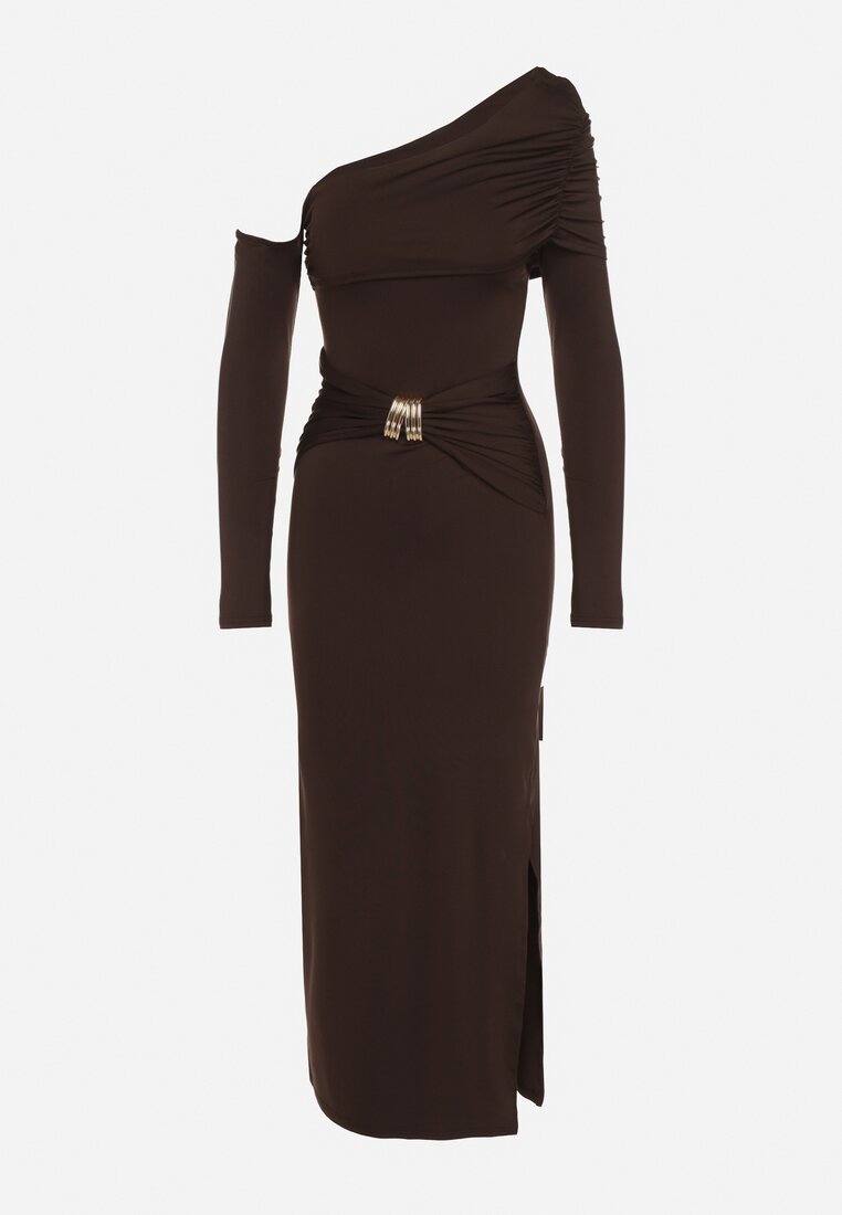 Brązowa Sukienka z Wiskozą Wywiniętym Dekoltem Marszczeniem i Metaliczną Ozdobą Reillea