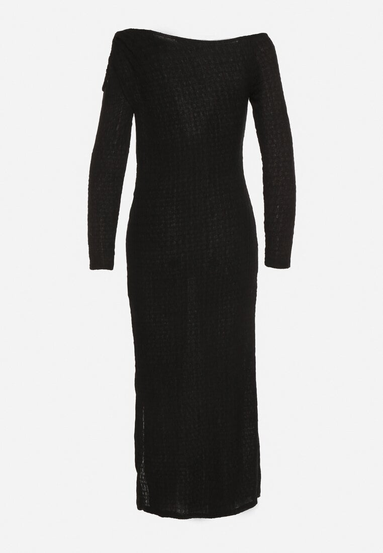 Czarna Dopasowana Sukienka z Metaliczną Ozdobą na Ramieniu Reilara