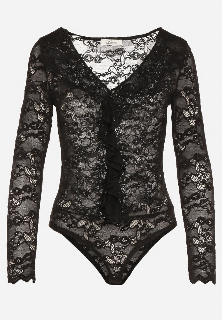 Czarne Koronkowe Body z Falbanką Vidane