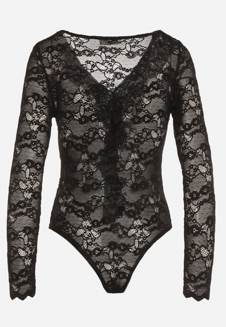 Czarne Koronkowe Body z Falbanką Vidane