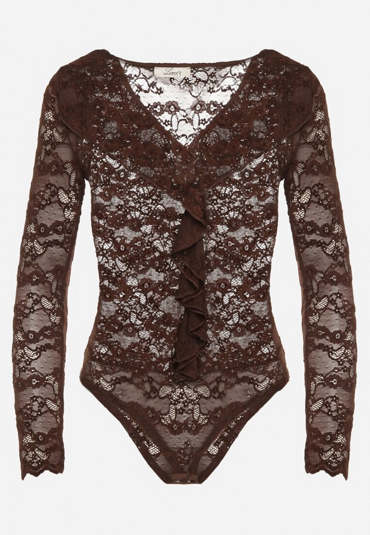 Brązowe Koronkowe Body z Falbanką Vidane