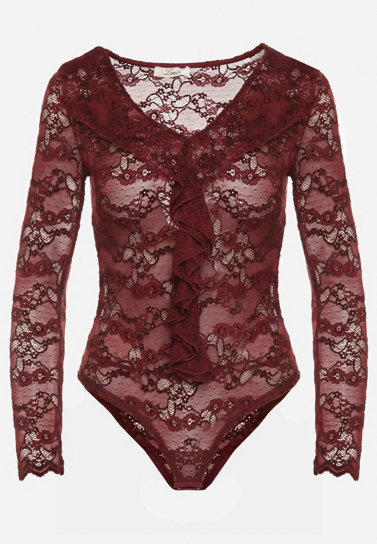 Bordowe Koronkowe Body z Falbanką Vidane
