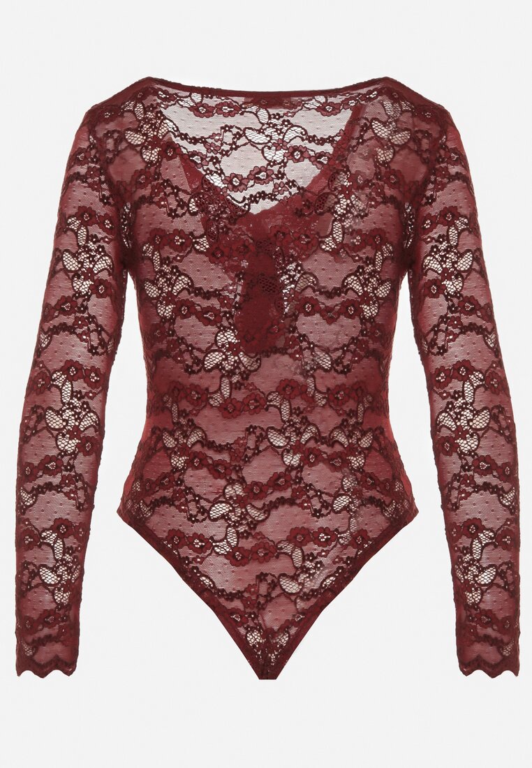Bordowe Koronkowe Body z Falbanką Vidane