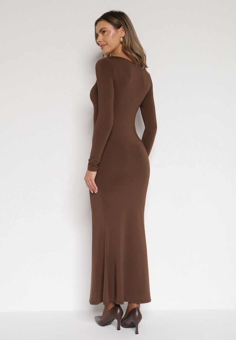 Brązowa Koktajlowa Sukienka z Wiskozą Ozdobiona Metalową Klamrą Refira
