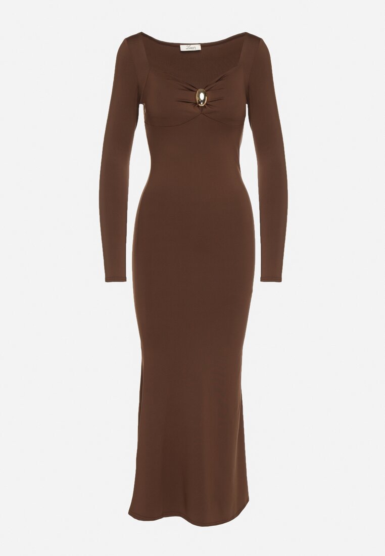Brązowa Koktajlowa Sukienka z Wiskozą Ozdobiona Metalową Klamrą Refira