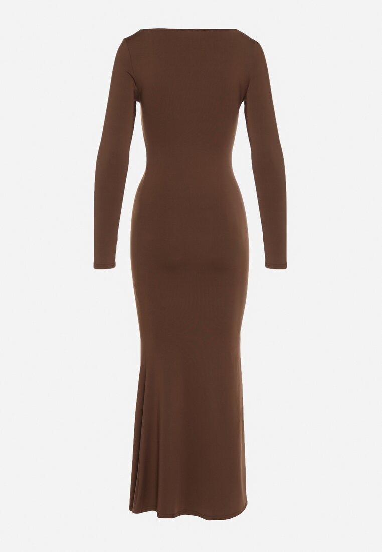 Brązowa Koktajlowa Sukienka z Wiskozą Ozdobiona Metalową Klamrą Refira