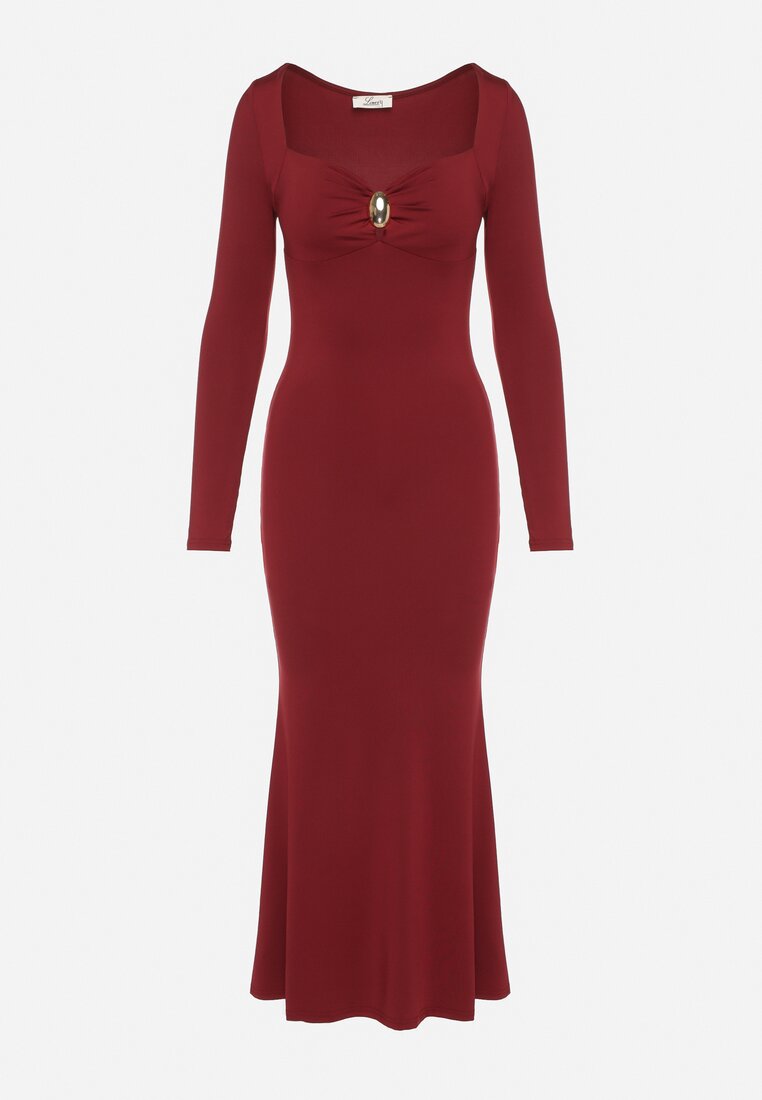 Bordowa Koktajlowa Sukienka z Wiskozą Ozdobiona Metalową Klamrą Refira