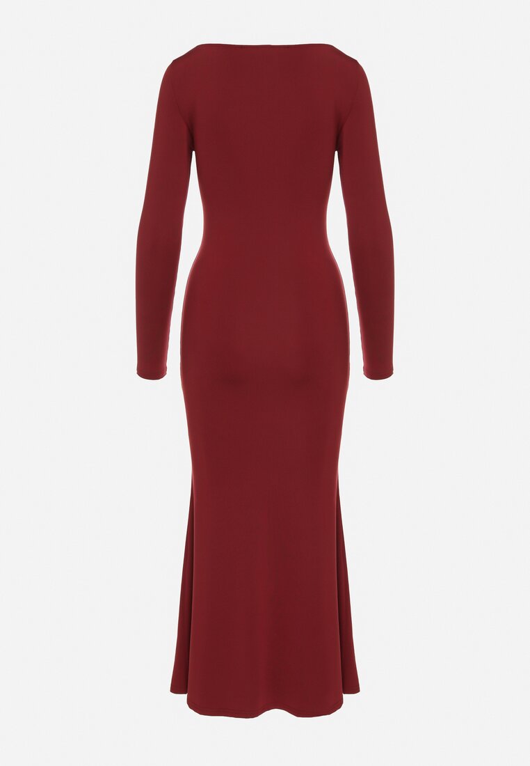 Bordowa Koktajlowa Sukienka z Wiskozą Ozdobiona Metalową Klamrą Refira