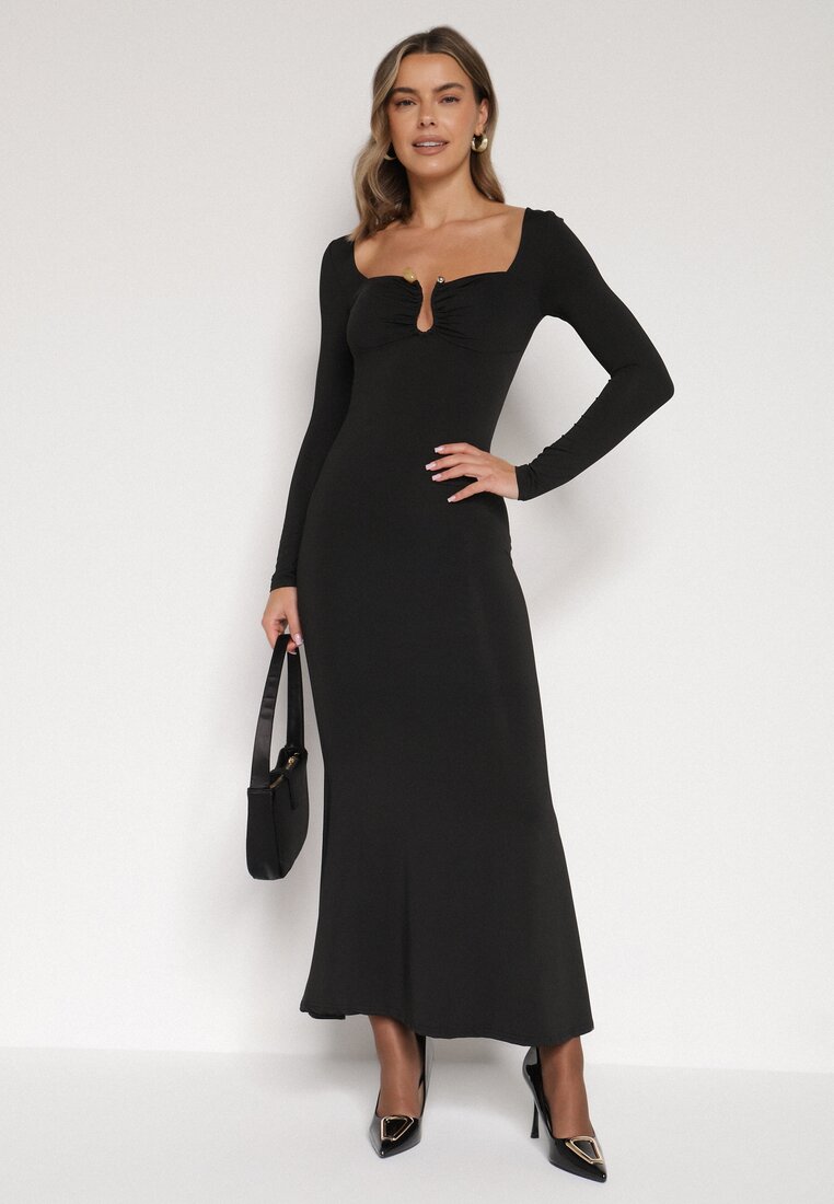 Czarna Koktajlowa Sukienka z Wiskozą i Metaliczną Ozdobą Refare