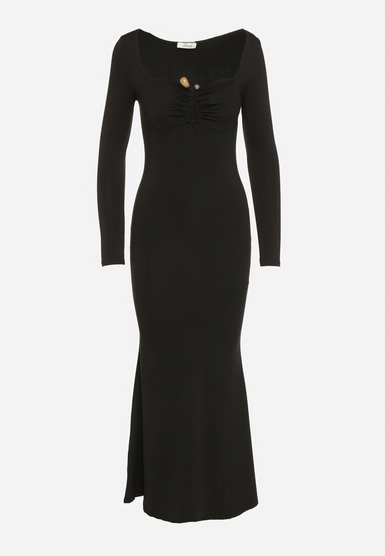 Czarna Koktajlowa Sukienka z Wiskozą i Metaliczną Ozdobą Refare