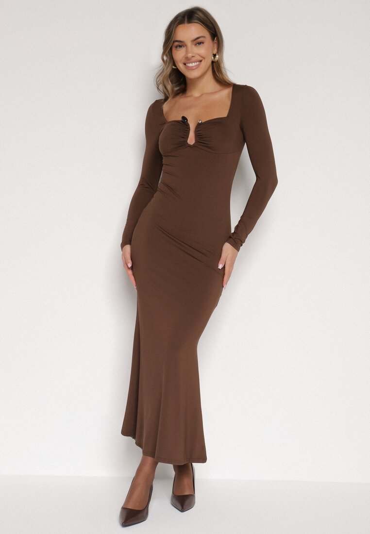 Brązowa Koktajlowa Sukienka z Wiskozą i Metaliczną Ozdobą Refare
