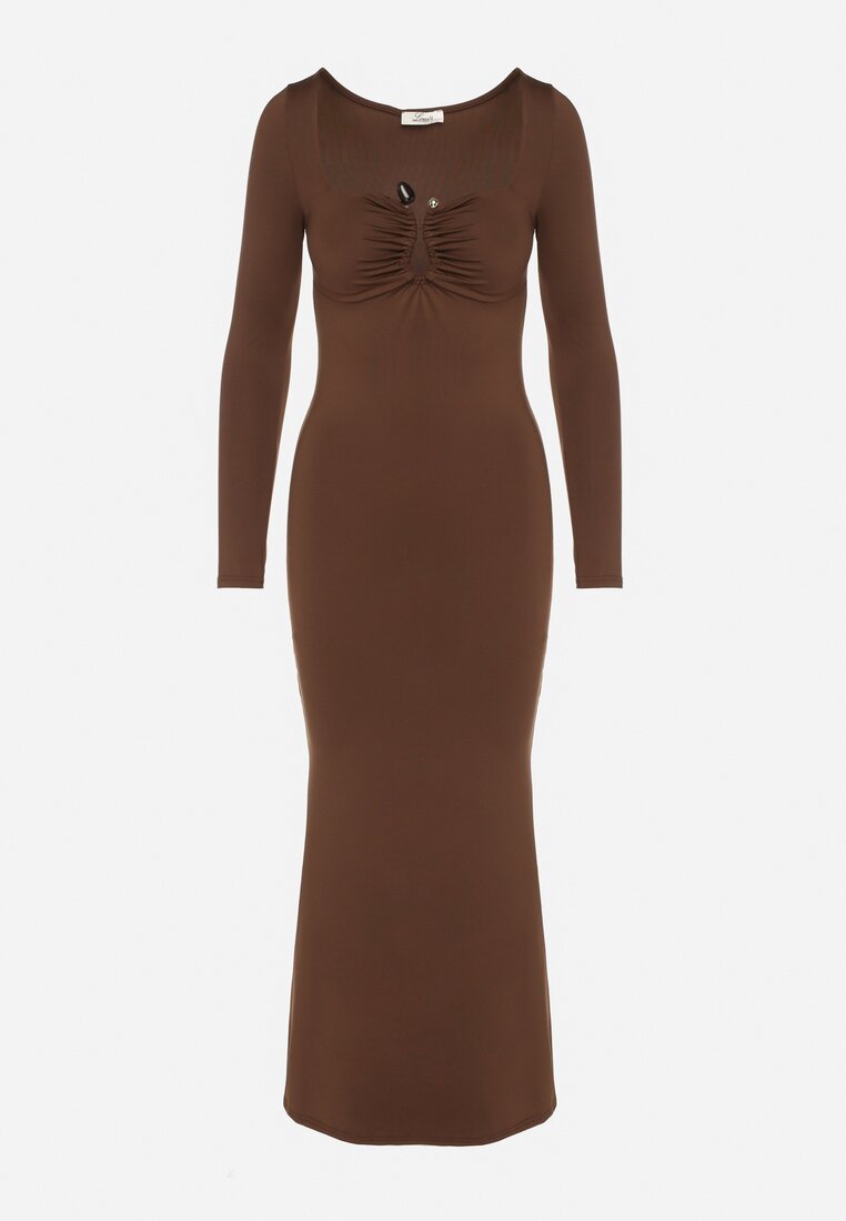 Brązowa Koktajlowa Sukienka z Wiskozą i Metaliczną Ozdobą Refare
