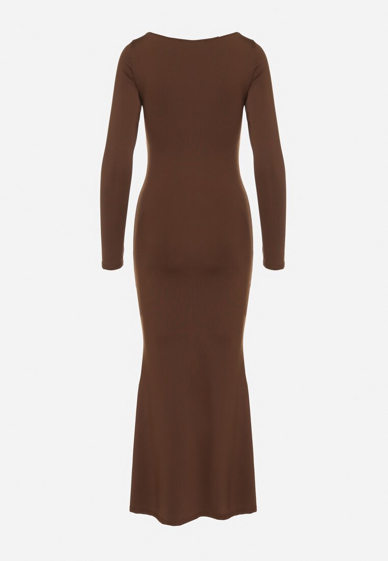 Brązowa Koktajlowa Sukienka z Wiskozą i Metaliczną Ozdobą Refare