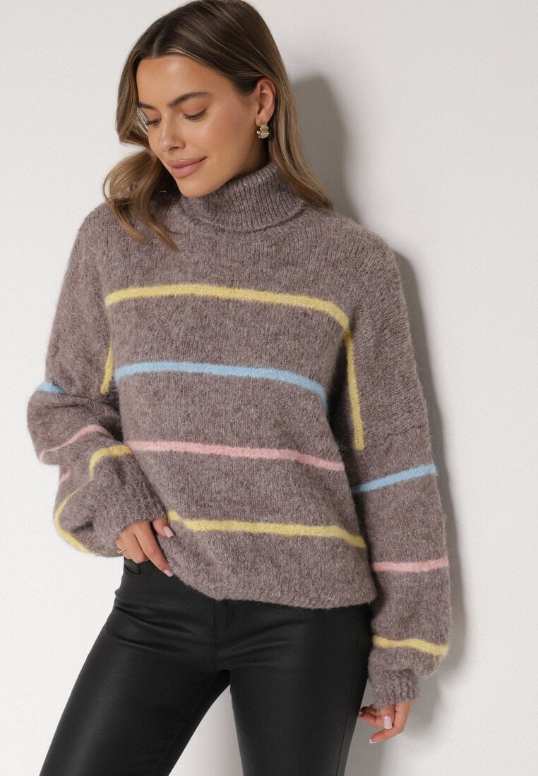 Beżowy Golf z Wełną Ozdobiony Paskami Reisorria