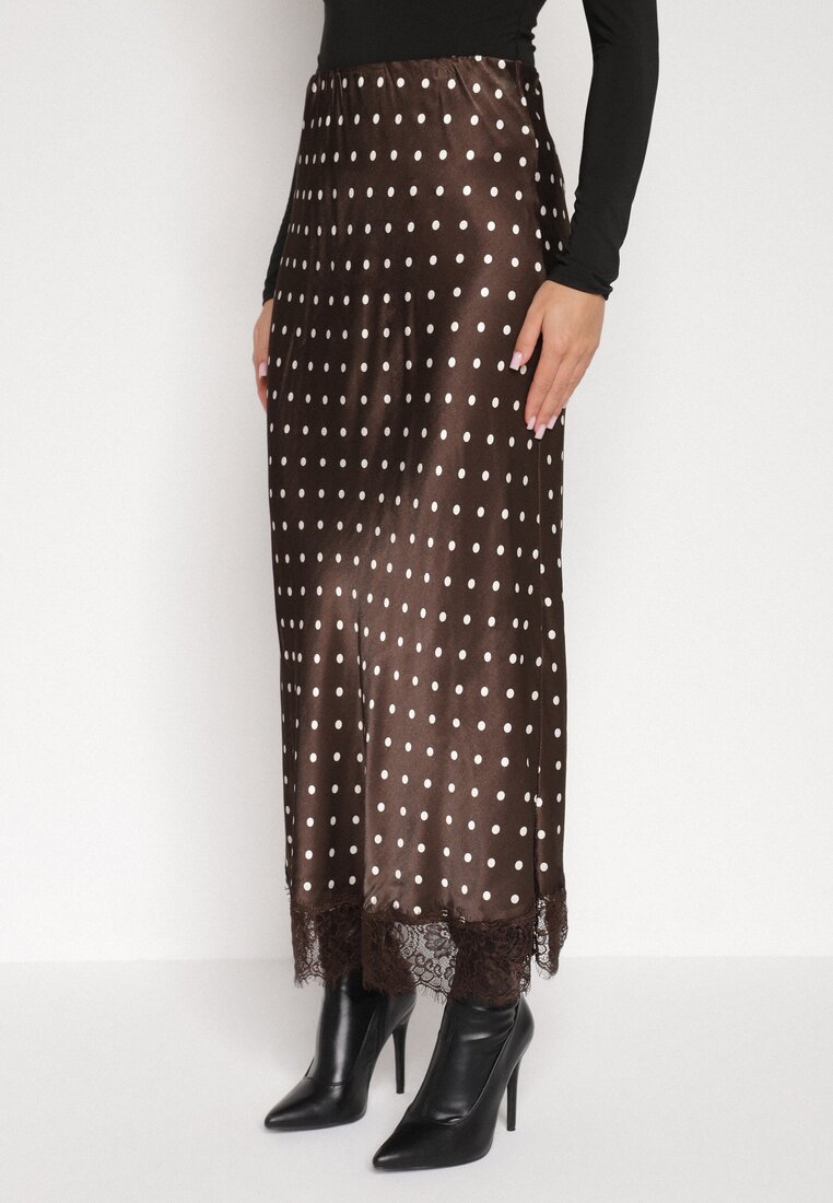 Brązowa Wiskozowa Spódnica z Wysokim Stanem w Kropki z Koronką Monivesa
