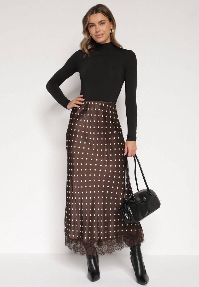 Brązowa Wiskozowa Spódnica z Wysokim Stanem w Kropki z Koronką Monivesa