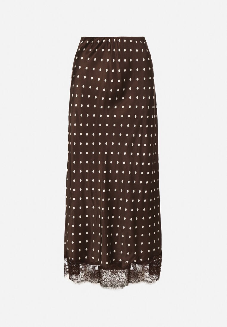 Brązowa Wiskozowa Spódnica z Wysokim Stanem w Kropki z Koronką Monivesa