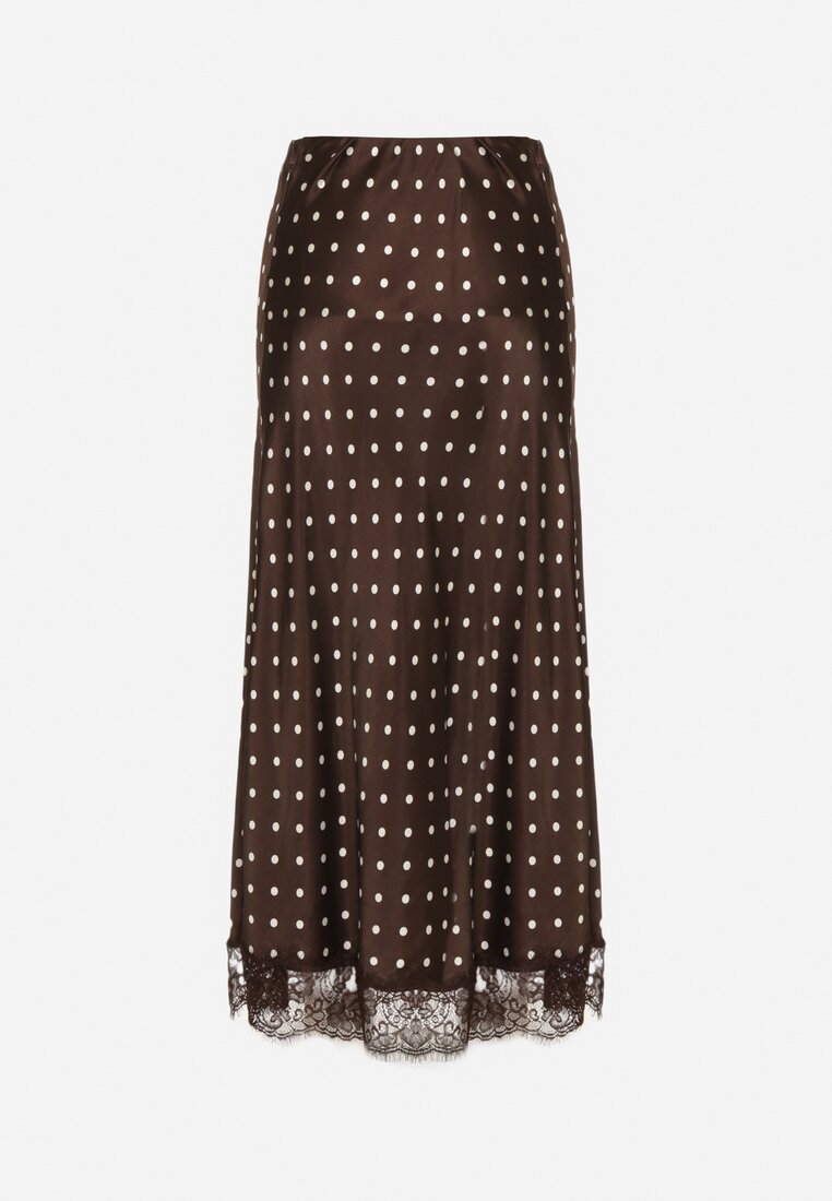 Brązowa Wiskozowa Spódnica z Wysokim Stanem w Kropki z Koronką Monivesa