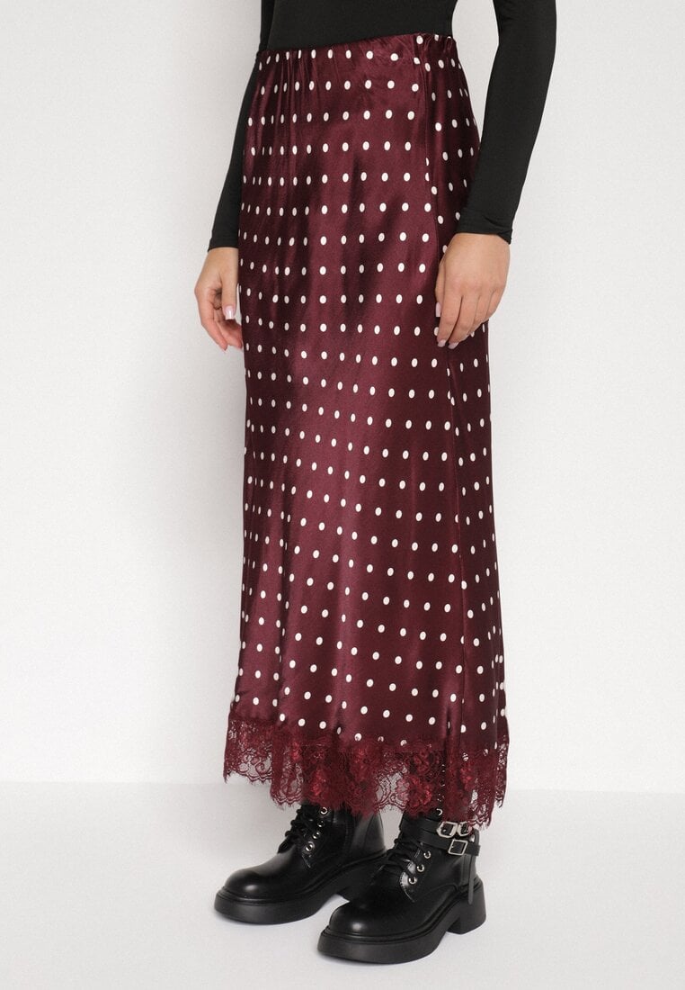 Bordowa Wiskozowa Spódnica z Wysokim Stanem w Kropki z Koronką Monivesa