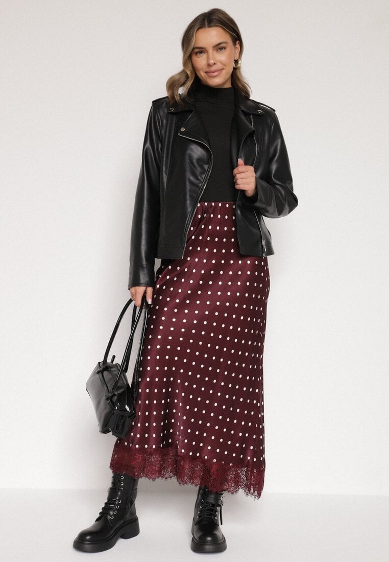 Bordowa Wiskozowa Spódnica z Wysokim Stanem w Kropki z Koronką Monivesa