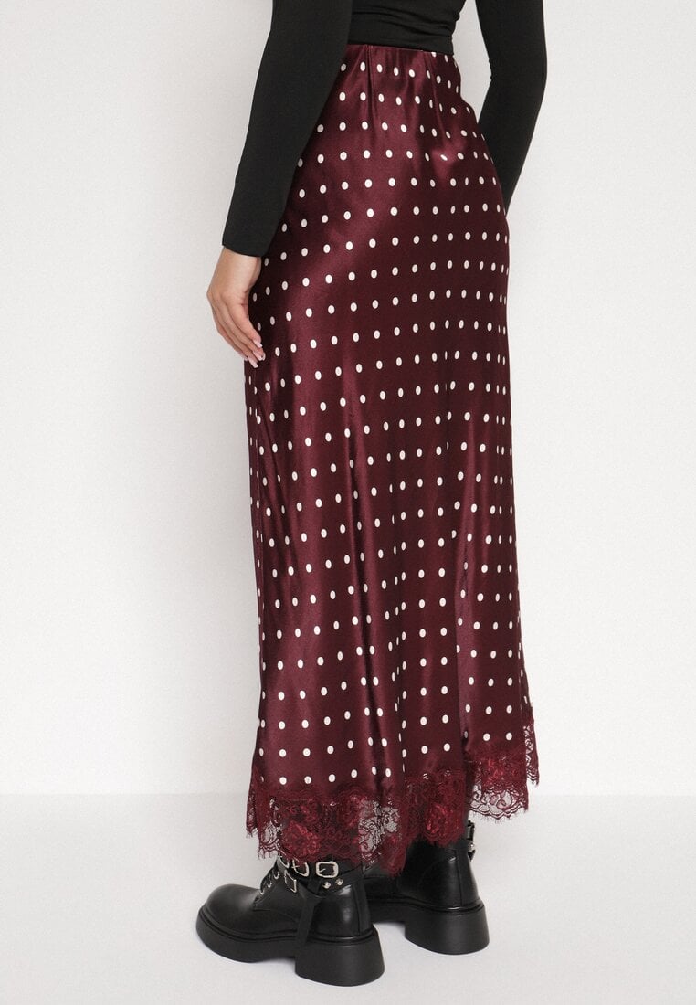 Bordowa Wiskozowa Spódnica z Wysokim Stanem w Kropki z Koronką Monivesa