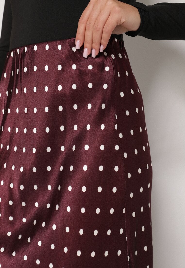 Bordowa Wiskozowa Spódnica z Wysokim Stanem w Kropki z Koronką Monivesa