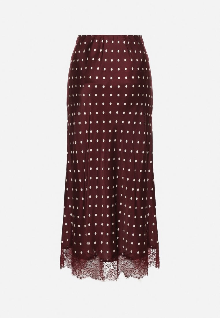 Bordowa Wiskozowa Spódnica z Wysokim Stanem w Kropki z Koronką Monivesa
