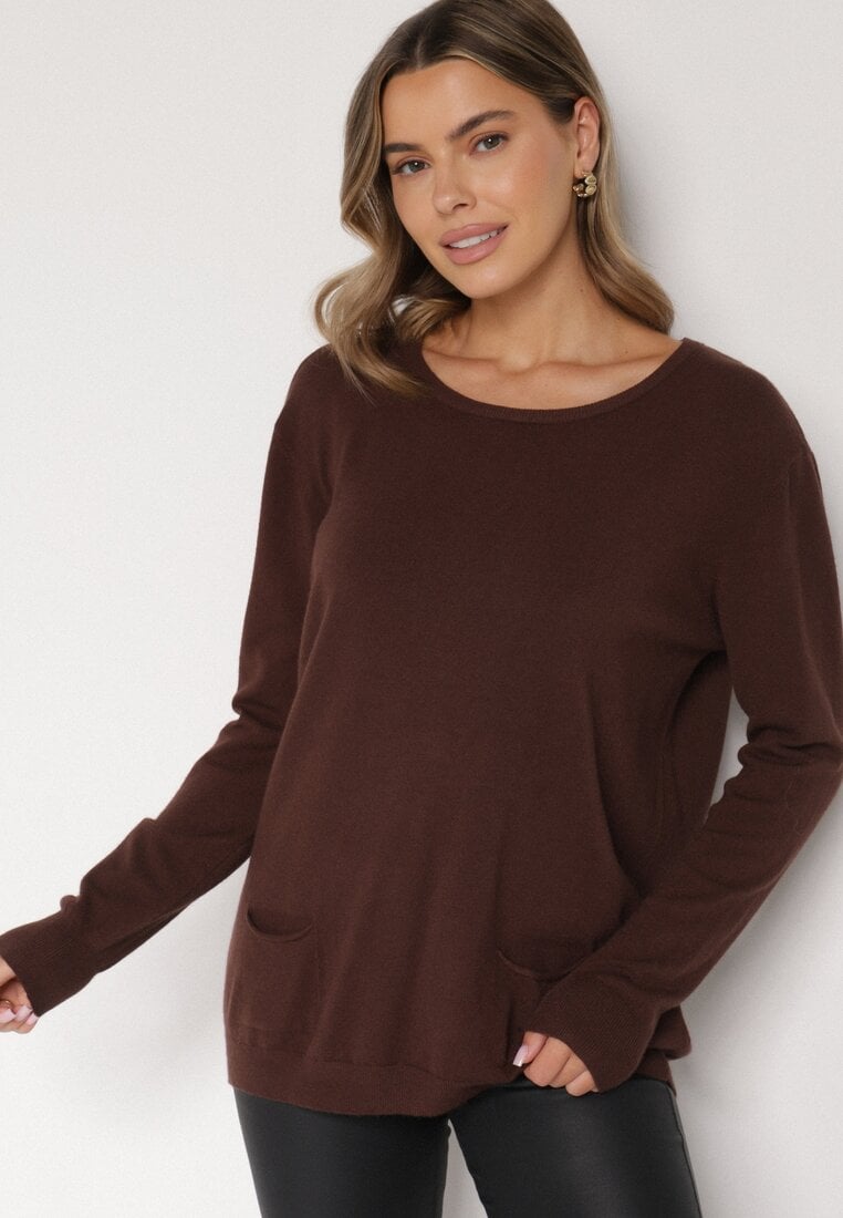 Brązowy Sweter z Kaszmirem i Ozdobnymi Kieszeniami Sanarea