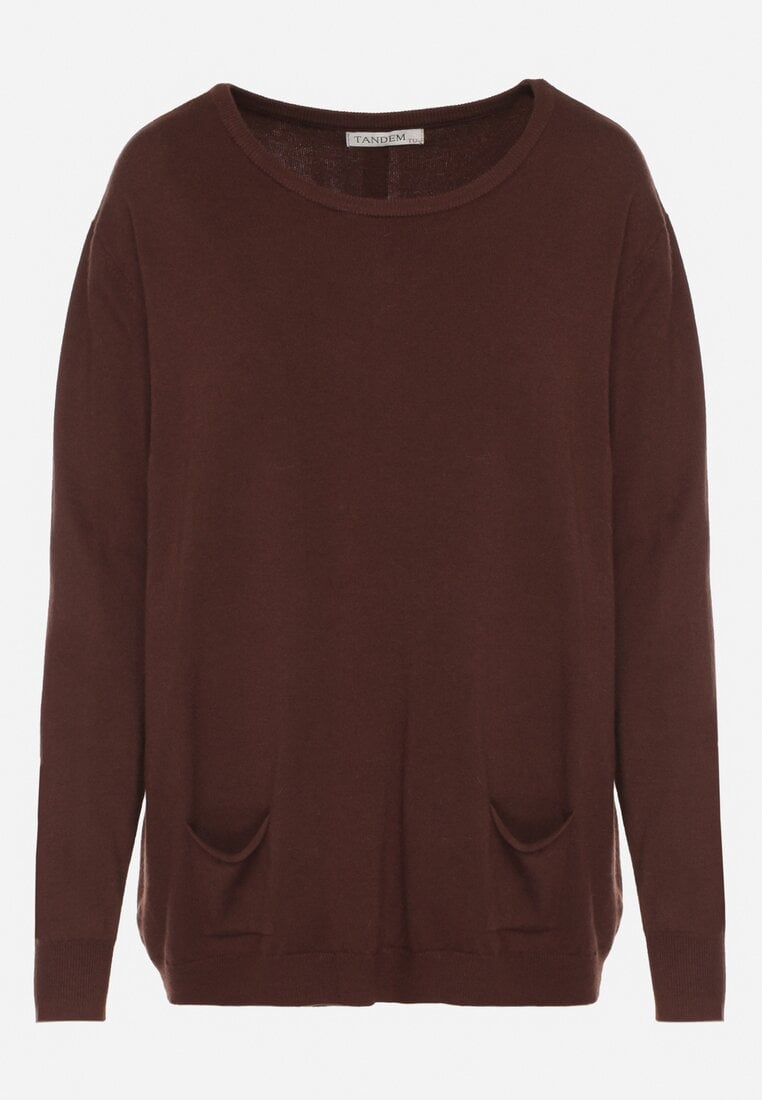 Brązowy Sweter z Kaszmirem i Ozdobnymi Kieszeniami Sanarea