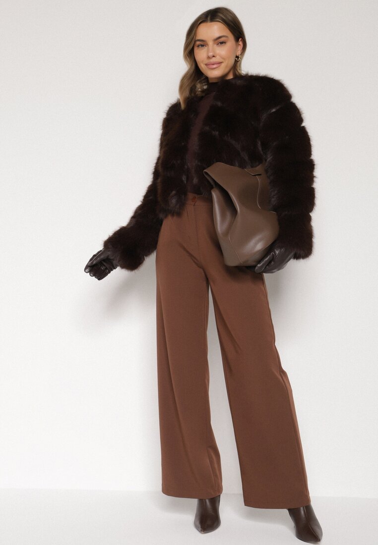 Brązowa Krótka Kurtka z Futerkiem na Haftki Loreinda