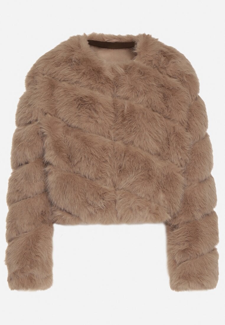 Ciemnobeżowa Krótka Kurtka z Futerkiem na Haftki Loreinda